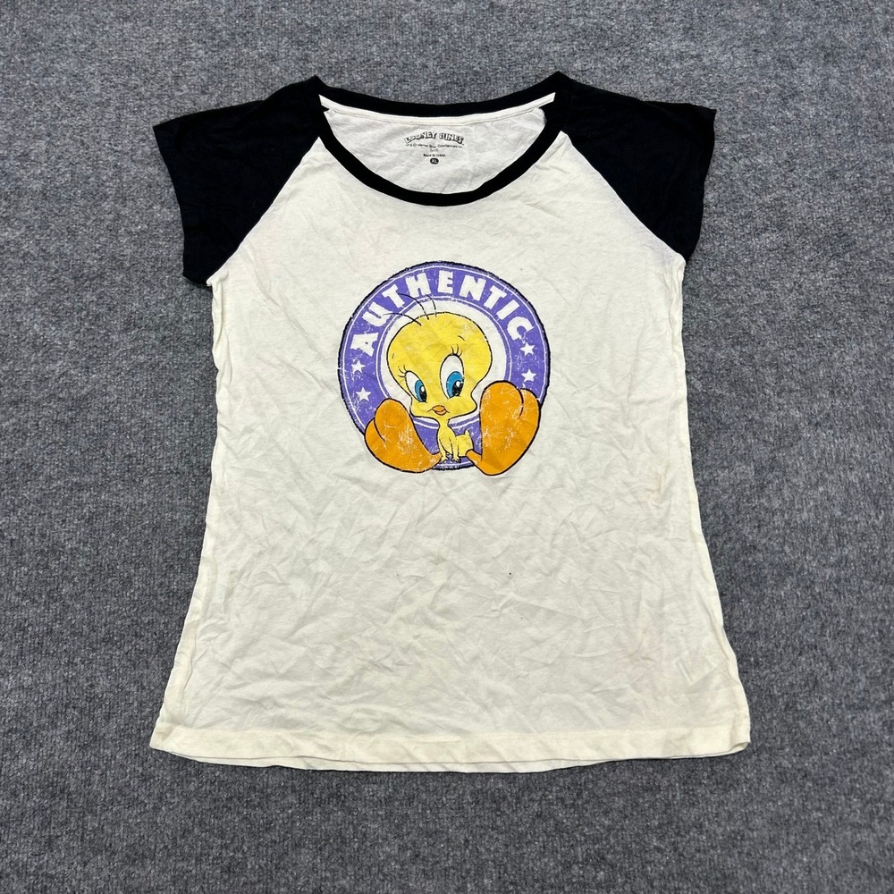 Looney Tunes T-Shirt Womens Size XL Cream Black Raglan Tweety Bird Graphic Tee